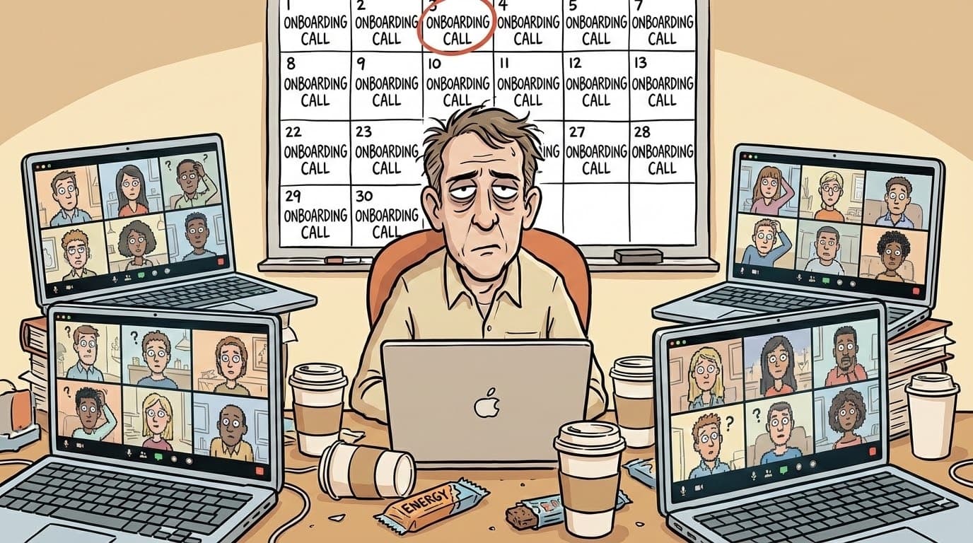 Новый удалённый сотрудник проходит онбординг через видео-инструкции на ноутбуке