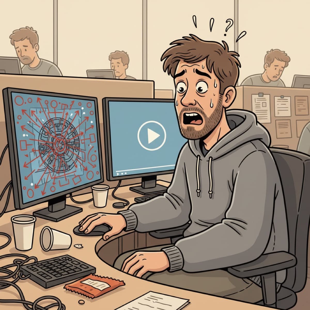 Разработчик в ужасе смотрит на скриншот с красными стрелками — баг-репорт через видео проще и быстрее